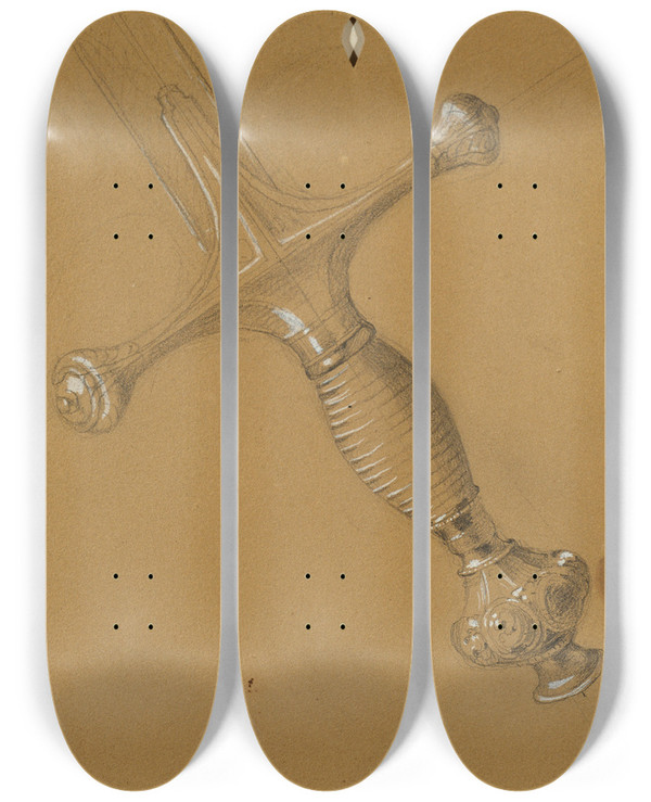 Triptych art skateboard deck of Johann Peter Krafft Studie Eines Schwertes by Johann Peter Krafft (1780-1856)