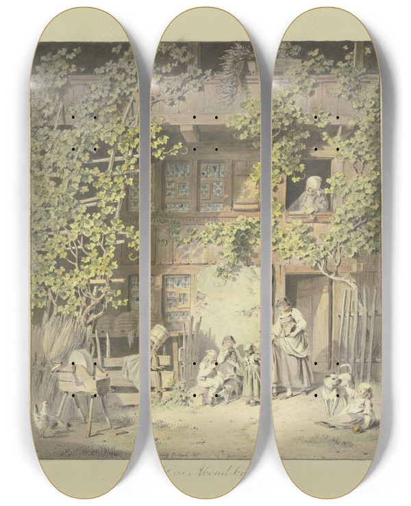 Triptych art skateboard deck of Franz Niklaus Knig Das Abendbrot by Franz Niklaus Konig (1765-1832)