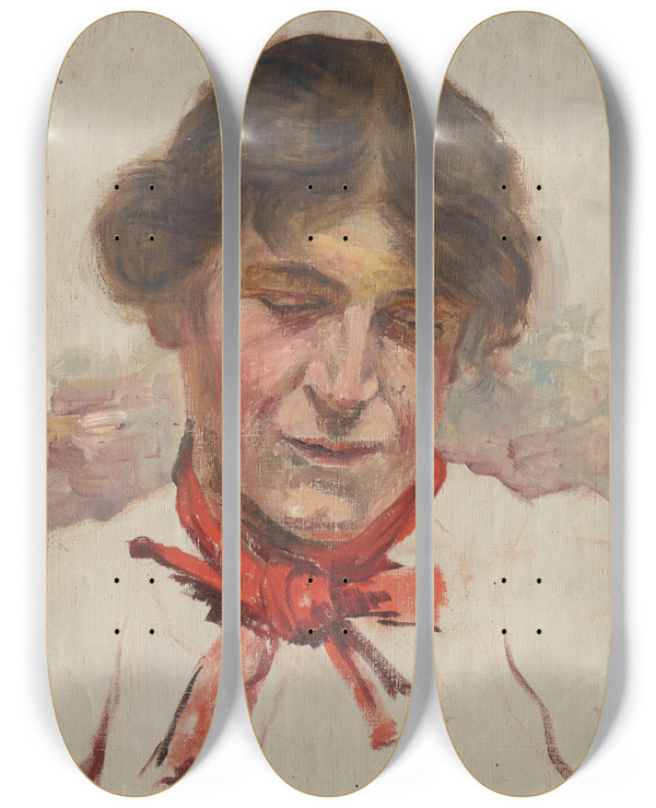 Triptych art skateboard deck of Aurel Ballo Head Study Of Woman With Red Bow by Aurel Ballo (1871-1940)