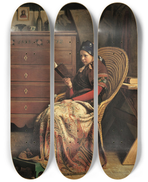 Triptych art skateboard deck of Christen Dalsgaard In A Pine Wood Study by Christen Dalsgaard (1824-1907)
