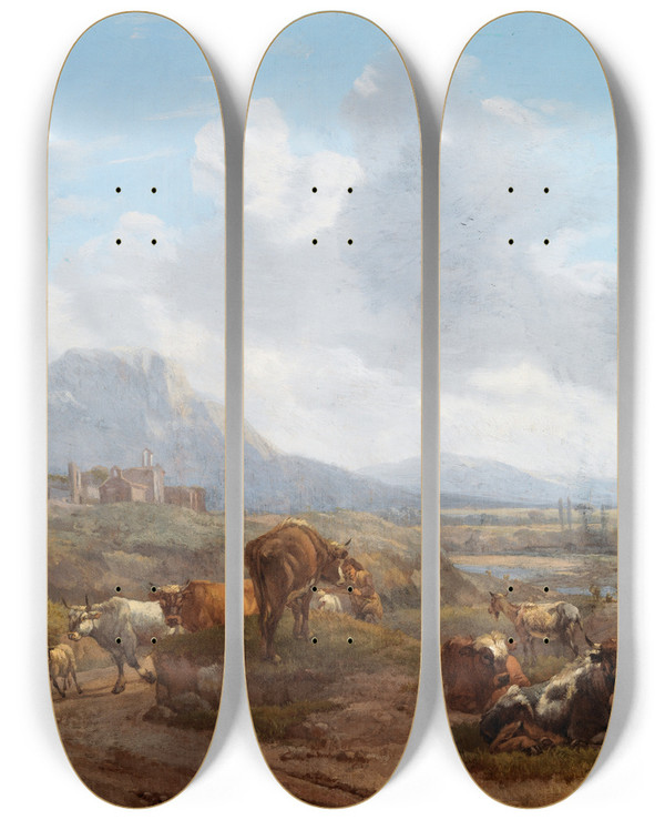 Triptych art skateboard deck of Willem Romeyn Landscape With Cattle by Willem Romeyn (1624-1694)