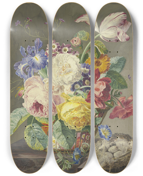 Triptych art skateboard deck of Jan Van Huysum Flowers In A Woven Basket And A Birds Nest by Jan Van Huysum (1682-1749)