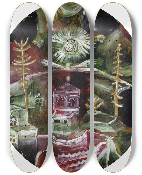 Triptych art skateboard deck of Paul Klee The Thistle Flower House by Paul Klee (1879-1940)