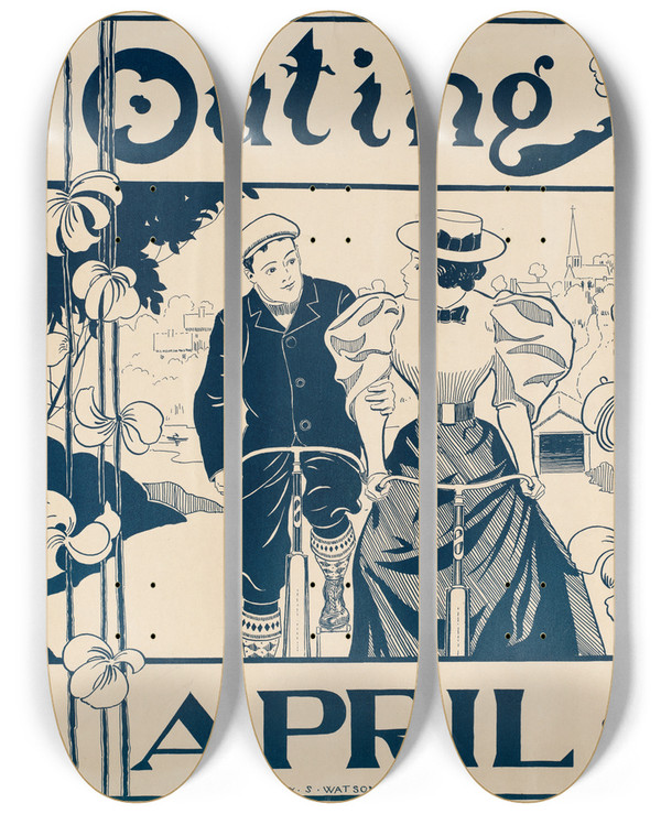 Triptych art skateboard deck of Henry Summer Watson Outing April by Henry Summer Watson (1868-1933)