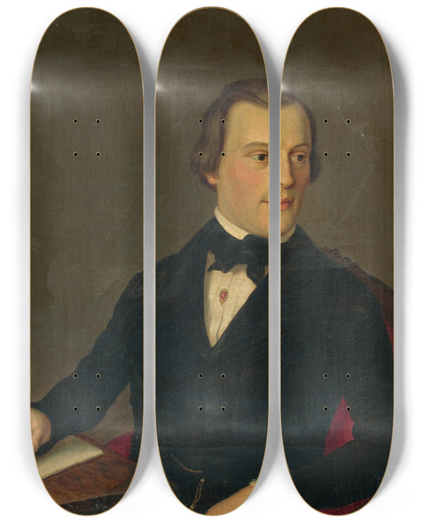 Triptych art skateboard deck of Peter Michal Boh Portrait Of A Writing Man by Peter Michal Bohun (1822-1879)