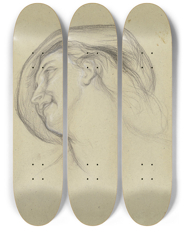Triptych art skateboard deck of Victor Mller Kopf Einer Frau Mit Hut Nach Links In Untersicht by Victor Muller (1829-1871)
