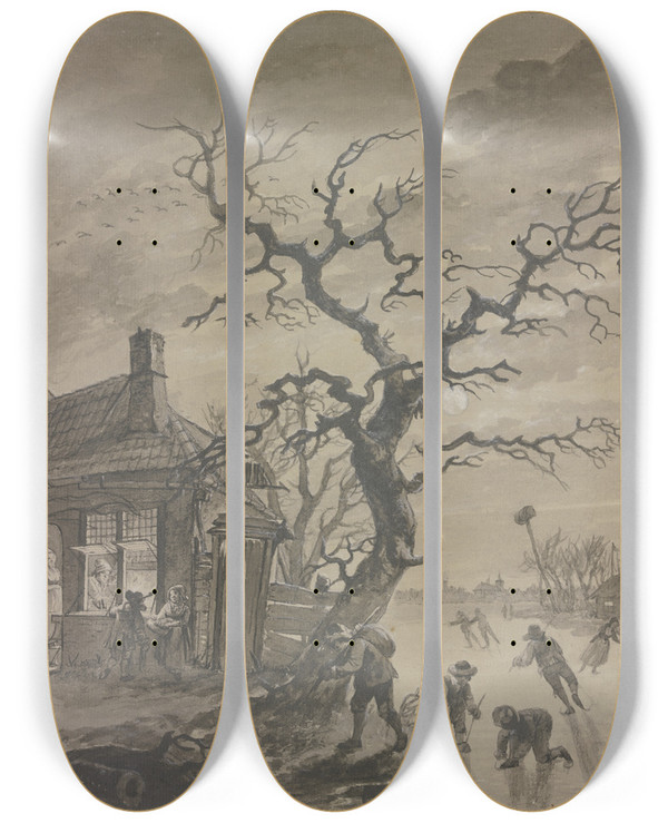 Triptych art skateboard deck of Adrianus De Visser Winterlandschaft Im Mondschein Mit Schlittschuhlufern Bei Einem Beleuchteten Haus Und Einem Kahlen Baum by Adrianus de Visser (1762-1837)