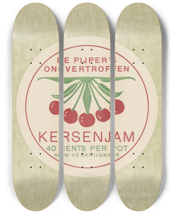Triptych art skateboard deck of Reinier Willem Petrus De Vries Advertentie Voor De Pijpers Kersenjam by Reinier Willem Petrus De Vries (1874-1952)