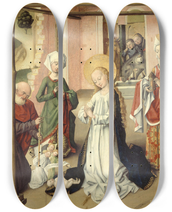 Triptych art skateboard deck of Master Of The Saint Bartholomew Altarpiece Ladoration De Lenfant by Master Of The Saint Bartholomew Altarpiece (1475-1510)