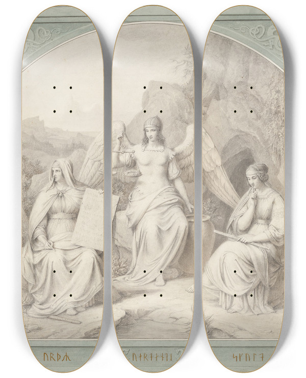 Triptych art skateboard deck of Johan Ludvig Lund Nornerne by Johan Ludvig Lund (1777-1867)