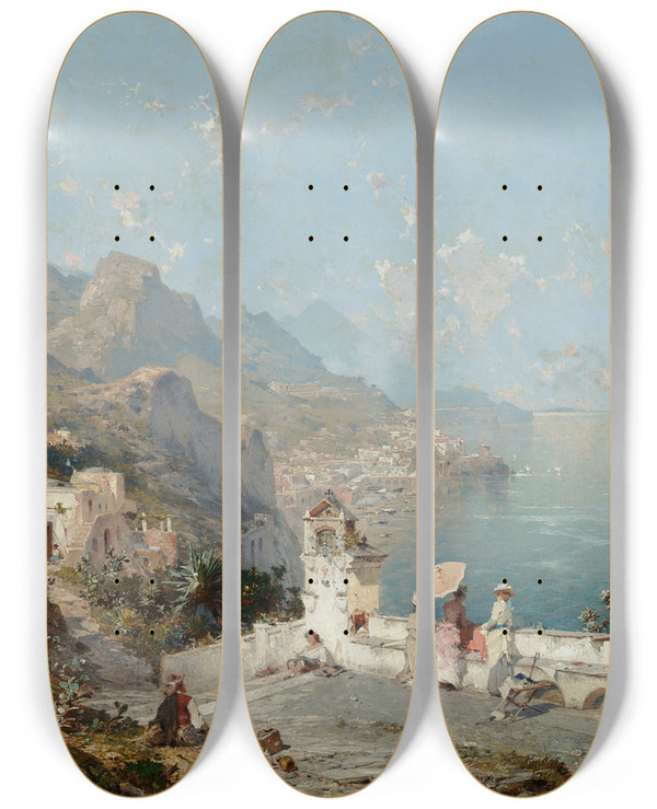 Triptych art skateboard deck of Franz Richard Unterberger Amalfi The Gulf Of Sorrento Figures On A Veranda by Franz Richard Unterberger (1838-1902)