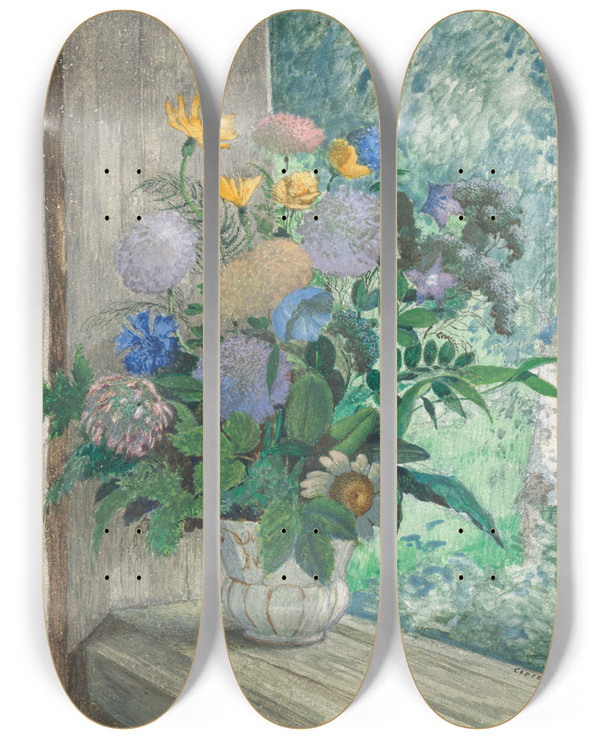 Triptych art skateboard deck of Sergey Chekhonin Still Life With Chrysanthemums Bellflowers Cornflowers And Daisies In A White Vase by Sergey Chekhonin (1878-1936)