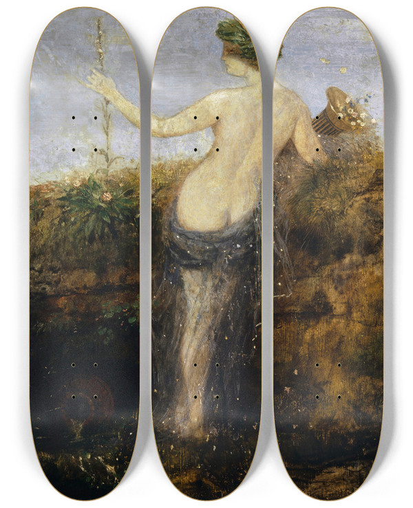 Triptych art skateboard deck of Arnold Bcklin Nymphe With Horn Of Plenty by Arnold Bocklin (1827-1901)