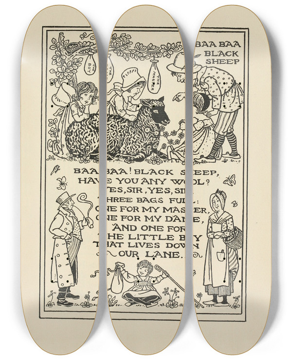 Triptych art skateboard deck of Winifred Smith Baa Baa Black Sheep by Winifred Smith (19-)