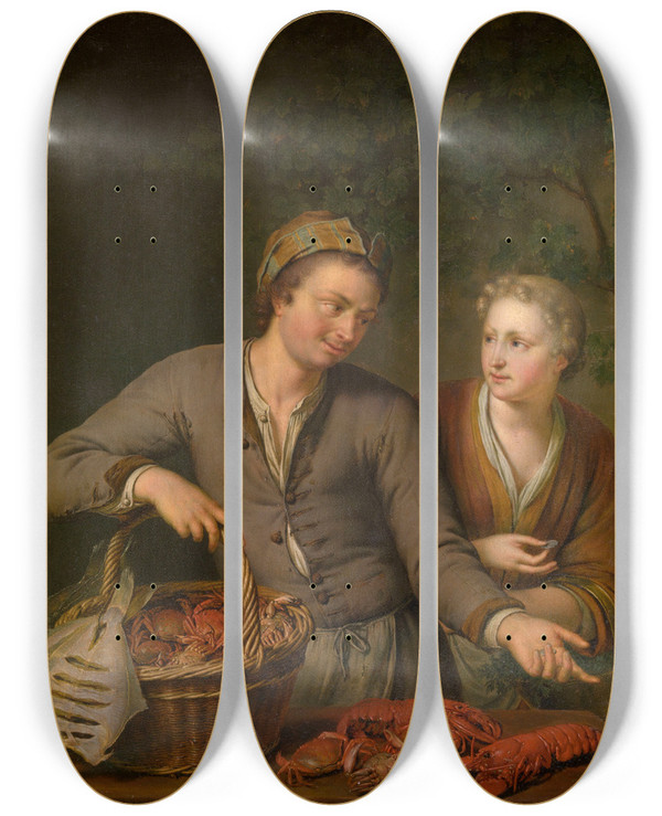 Triptych art skateboard deck of Willem Van Mieris Fishmonger by Willem Van Mieris (1662-1747)