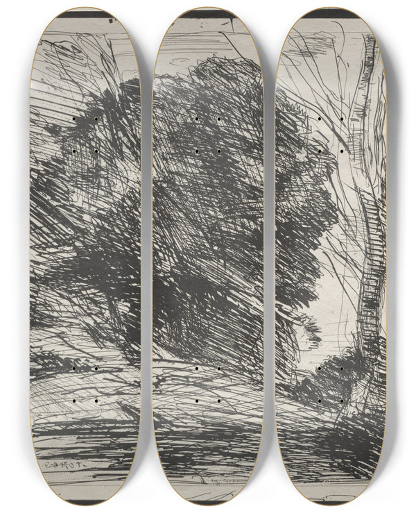 Triptych art skateboard deck of Jeanbaptistecamille Corot Trees On The Mountain by Jean-Baptiste-Camille Corot (1796-1875)