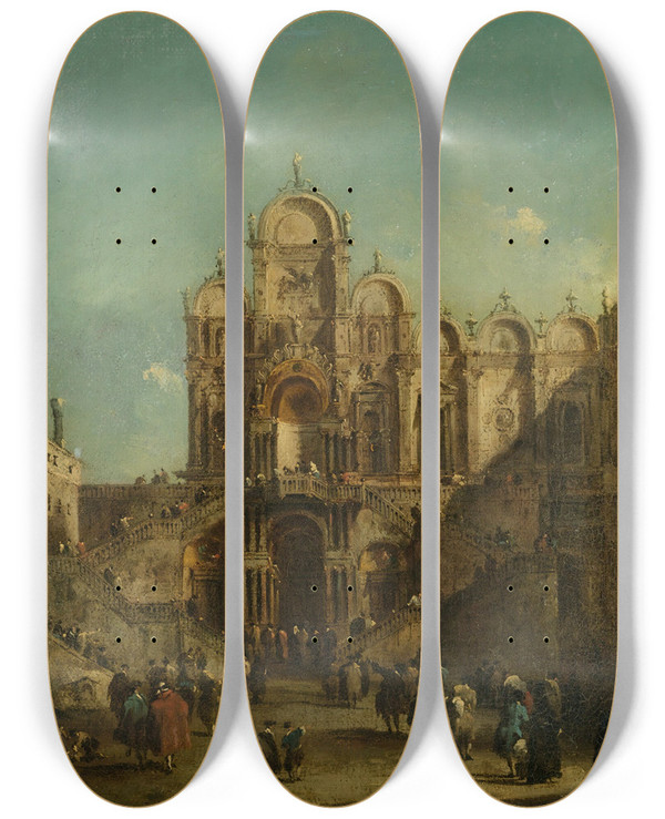 Triptych art skateboard deck of Francesco Guardi View Of Campo San Zanipolo With The Loggia Erected On The Occasion Of The Blessing Of Pope Pius Vi by Francesco Guardi (1712-1793)