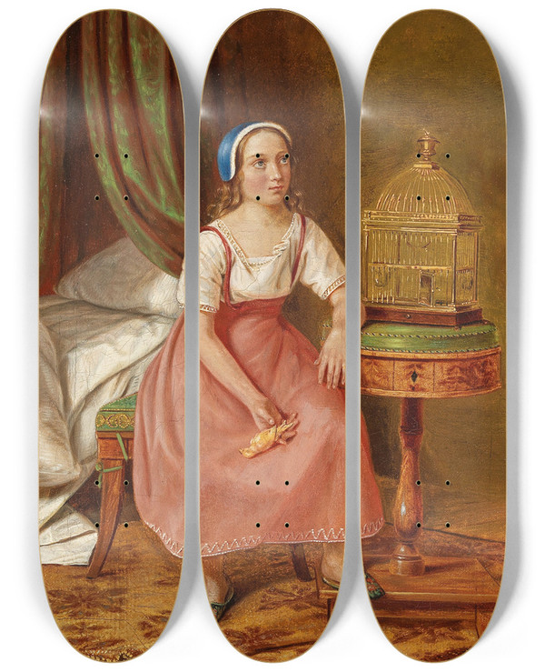 Triptych art skateboard deck of Wilhelm Kiesewetter Traurige Entdeckung by Wilhelm Kiesewetter (1811-1865)