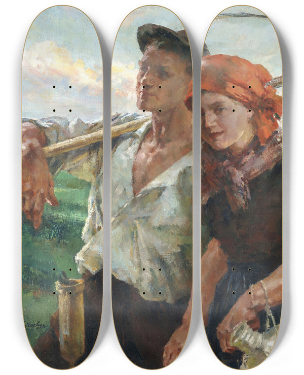Triptych art skateboard deck of Hermann Groeber Auf Dem Heimweg by Hermann Groeber