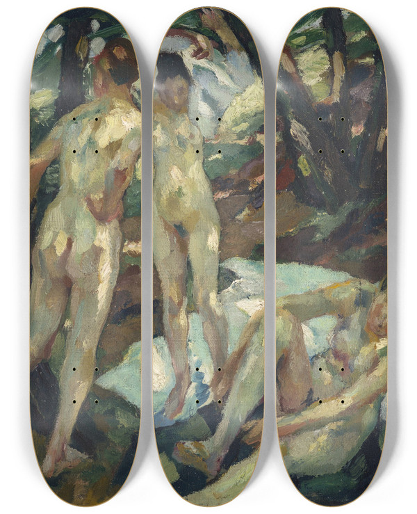 Triptych art skateboard deck of Leo Putz Die Badenden Hartmannsberg by Leo Putz (1869-1940)