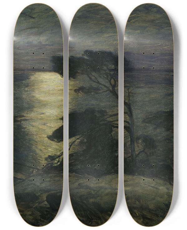 Triptych art skateboard deck of Thorolf Holmboe Pine Tree On The Coast In Moonlight by Thorolf Holmboe (1866-1935)