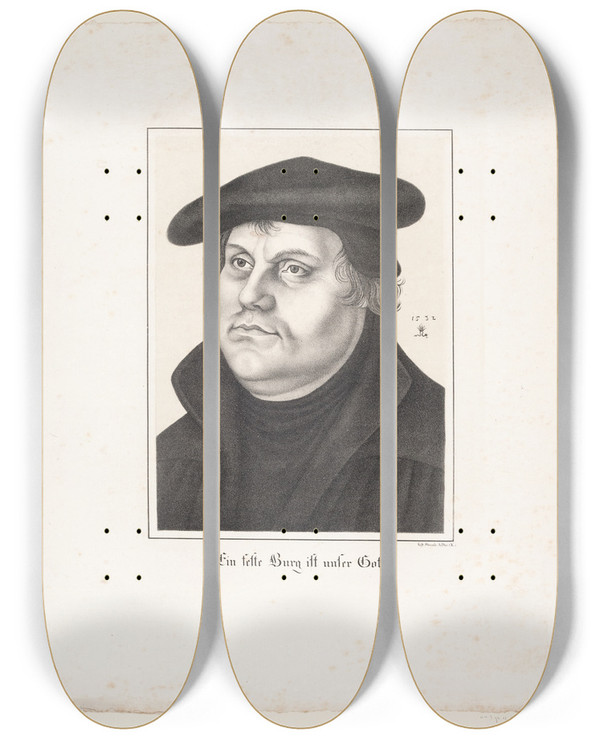 Triptych art skateboard deck of Johan Ludvig Lund Martin Luther by Johan Ludvig Lund (1777-1867)