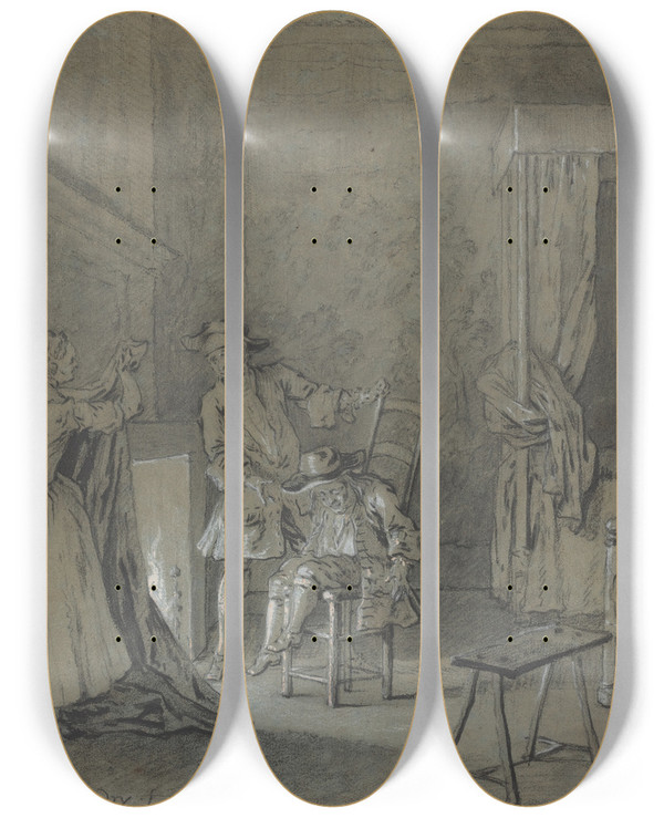 Triptych art skateboard deck of Jeanbaptiste Oudry Ragotin Enivr Par La Rancune by Jean-Baptiste Oudry (1686-1755)