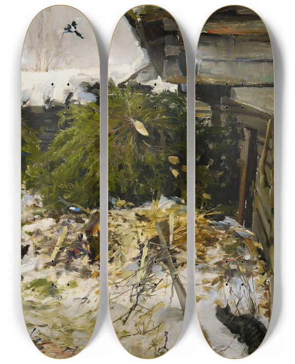 Triptych art skateboard deck of Akseli Gallenkallela Spruces In A Farmyard by Akseli Gallen Kallela (1865-1931)