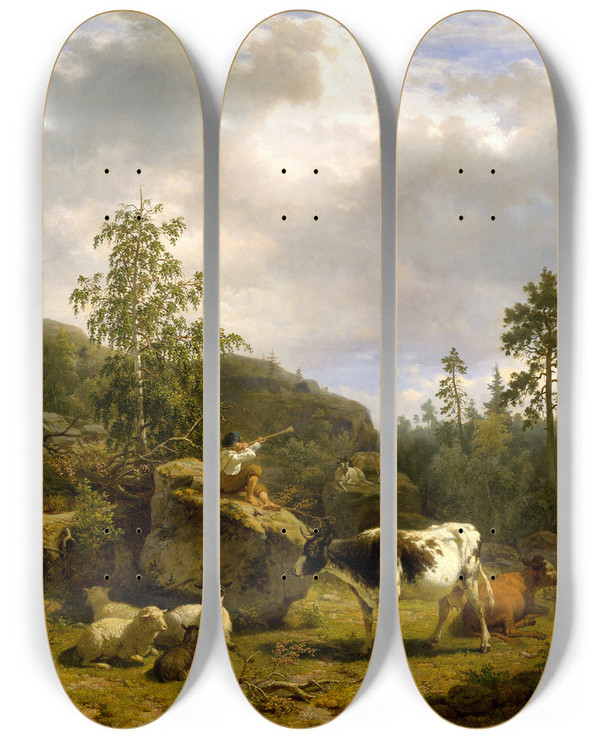 Triptych art skateboard deck of Nils Andresson Forest Landscape With A Shepherd Boy And Cattle by Nils Andresson (1817-1865)