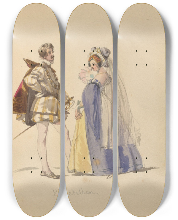 Triptych art skateboard deck of John Richard Coke Smyth Sketches Of Costume Pl125 by John Richard Coke Smyth (1808-1882)