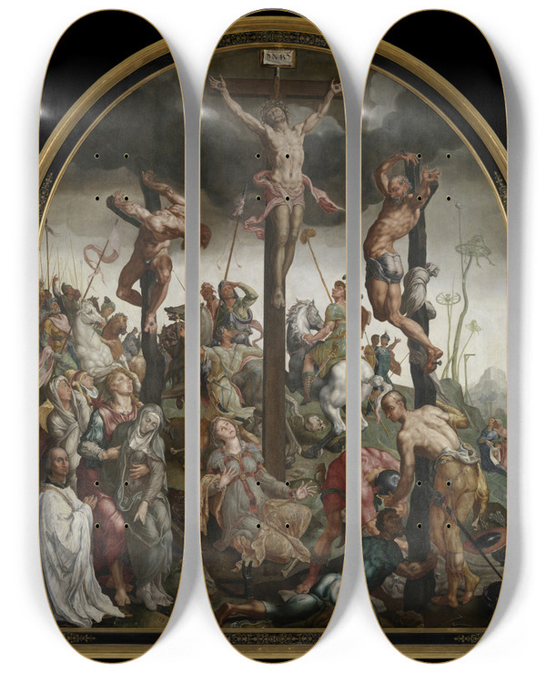 Triptych art skateboard deck of Maarten Van Heemskerck Calvary by Maarten Van Heemskerck (1498-1574)