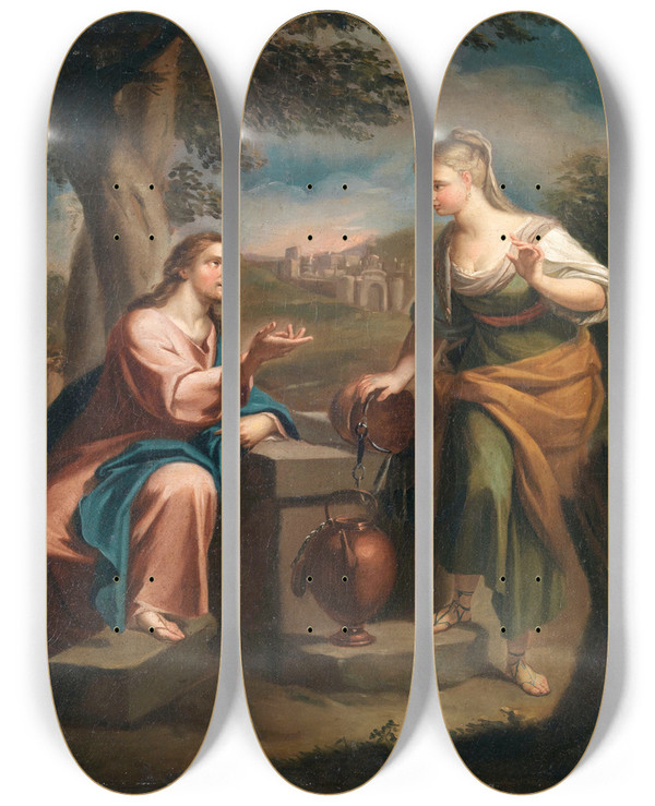 Triptych art skateboard deck of Francesco Trevisani Christ And The Samaritan Woman At The Well by Francesco Trevisani (1656-1746)