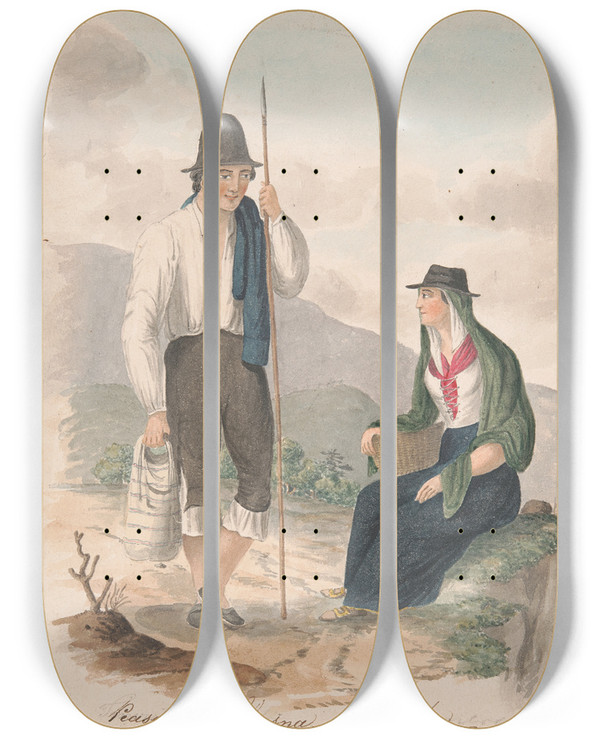 Triptych art skateboard deck of Alfred Diston Peasants Of Chasna Tenerife by Alfred Diston (1793-1861)