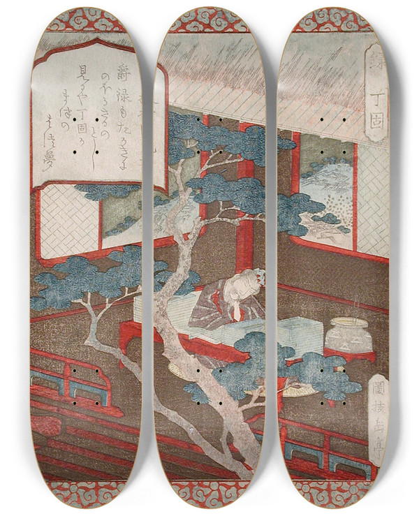 Triptych art skateboard deck of Yashima Gakutei Prosperity Ding Gu Dreaming Of A Pine Tree by Yashima Gakutei (1786-1868)