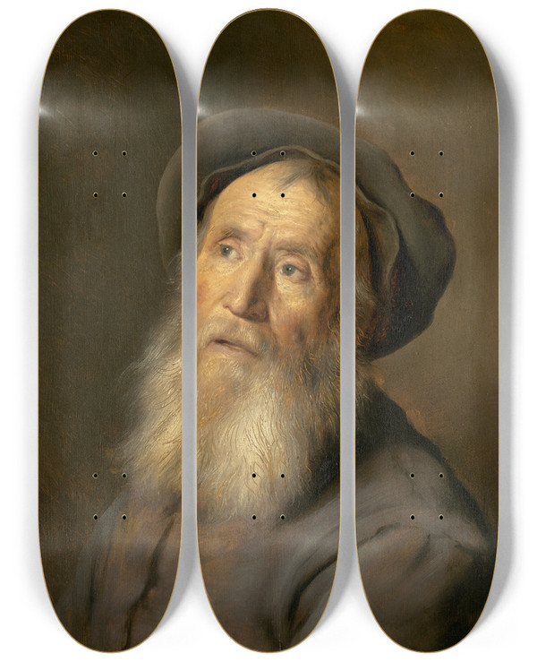 Triptych art skateboard deck of Jan Lievens Bearded Man With A Beret by Jan Lievens (1607-1674)