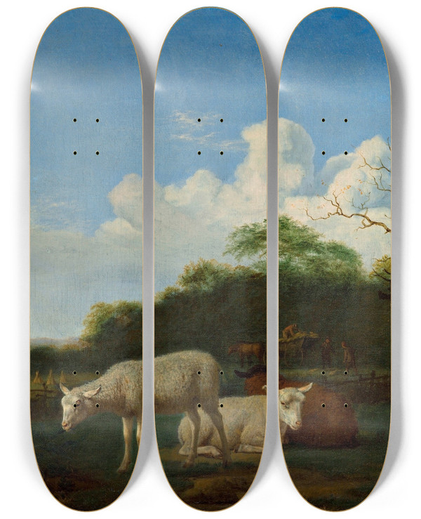 Triptych art skateboard deck of Adriaen Van De Velde The Three Sheep by Adriaen van de Velde (1636-1672)