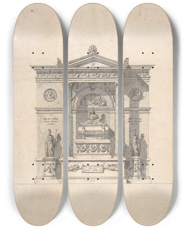 Triptych art skateboard deck of Jean Michel Moreau The Younger Elevation For A Wall Tomb by Jean Michel Moreau The Younger (1741-1814)