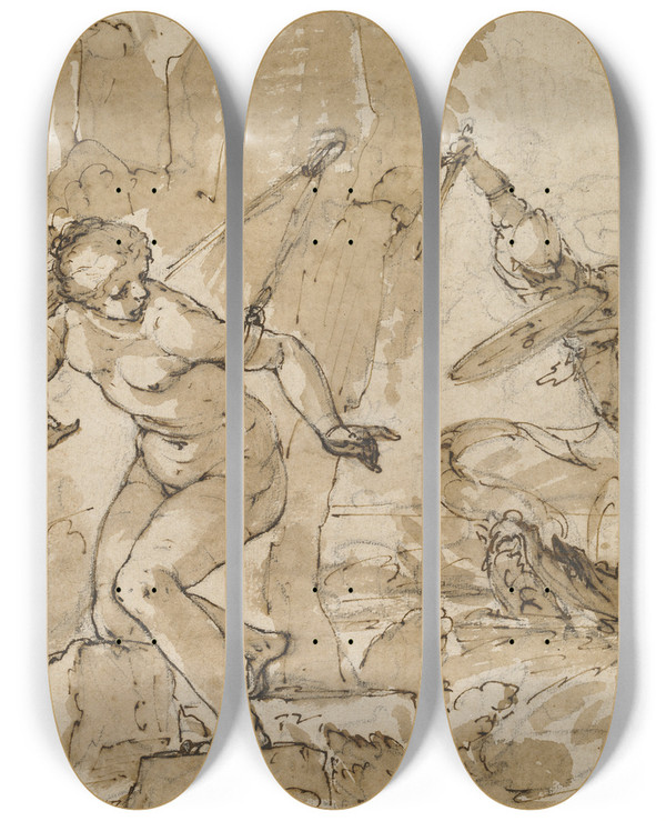 Triptych art skateboard deck of Bartolommeo Gagliardo Perseus And Andromeda by Bartolommeo Gagliardo (1555-1626)