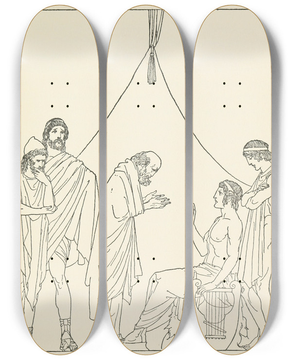 Triptych art skateboard deck of Padraic Colum The Childrens Homer Pl 16 by Padraic Colum (1881-1972)
