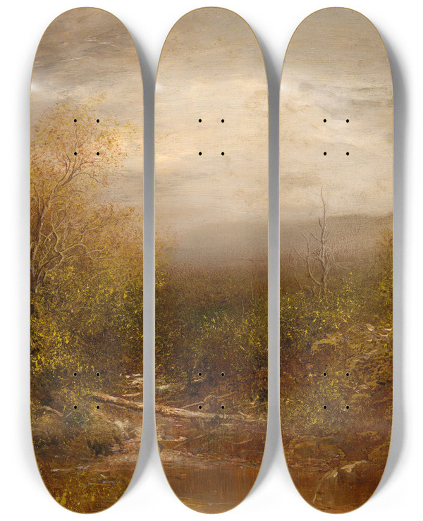 Triptych art skateboard deck of Ralph Albert Blakelock Pool In The Adirondacks by Ralph Albert Blakelock (1847-1919)