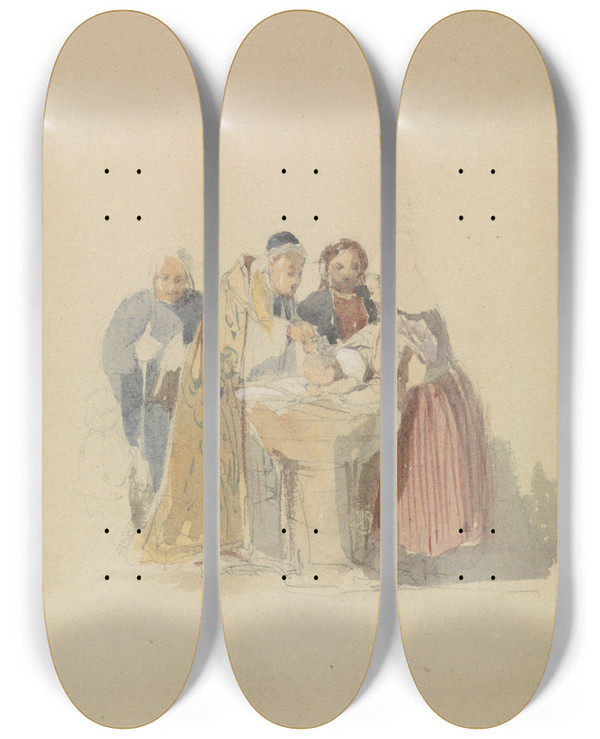 Triptych art skateboard deck of Thomas Shotter Boys A Christening by Thomas Shotter Boys (1803-1874)