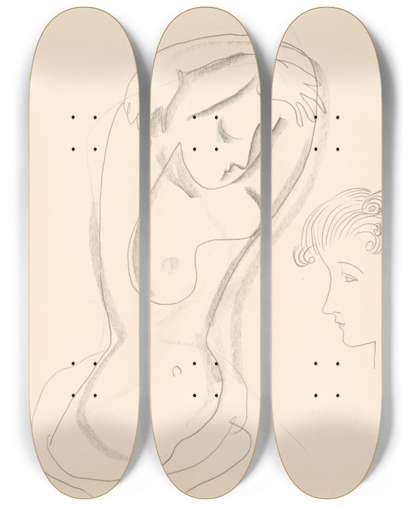 Triptych art skateboard deck of Mikul Galanda Ena So Zdvihnutmi Rukami A Nrt Enskho Profilu by Mikulas Galanda (1895-1938)