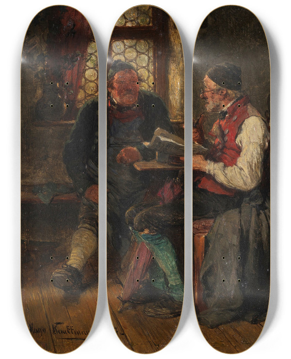 Triptych art skateboard deck of Hugo Kauffmann Unterhaltung In Der Stube by Hugo Kauffmann (1844-1915)