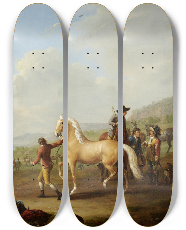 Triptych art skateboard deck of Johann Georg Pforr Horse Market by Johann Georg Pforr (1745-1798)