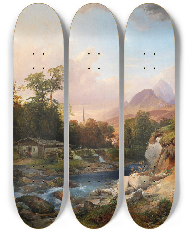 Triptych art skateboard deck of Anton Hansch A Mountain Landscape With A Smithy by Anton Hansch (1813-1876)