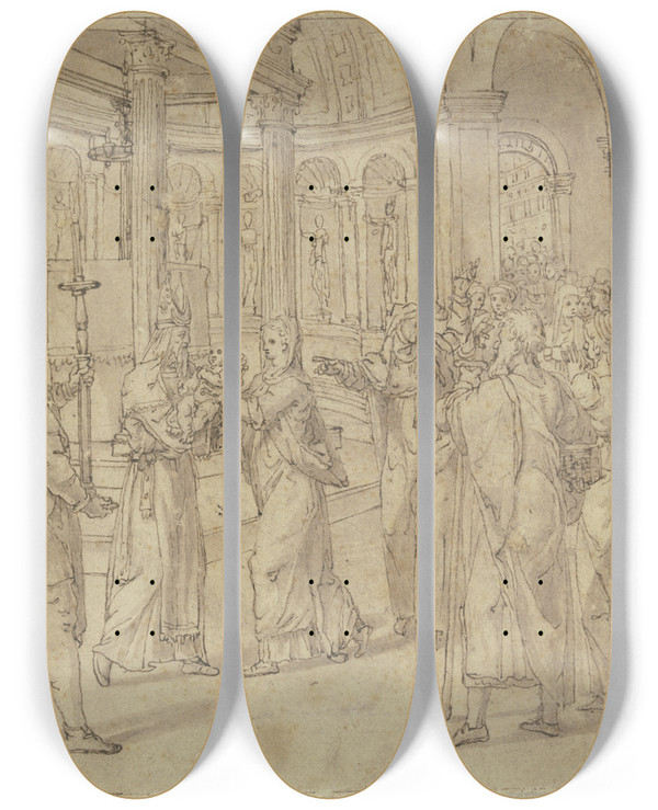 Triptych art skateboard deck of Perino Del Vaga Depiction In The Temple by Perino Del Vaga (1500-1547)