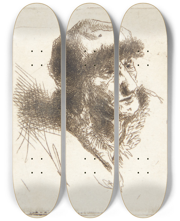 Triptych art skateboard deck of Cornelis Pietersz Bega Gammel Kvinde Med Pelshue by Cornelis Pietersz Bega (1631-1664)