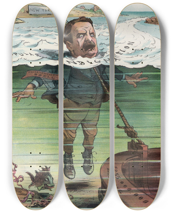 Triptych art skateboard deck of Grant Hamilton The Rising Tide by Grant Hamilton (1862-1926)