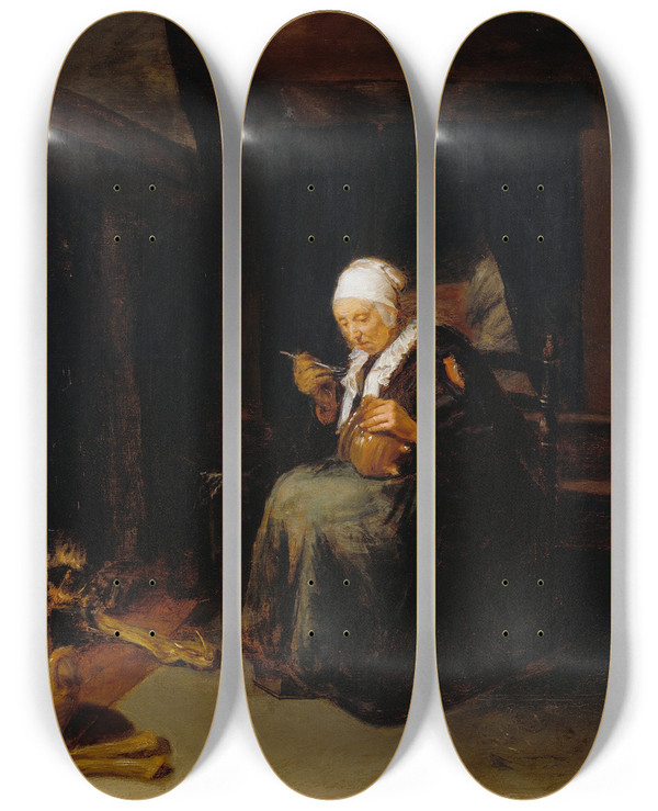 Triptych art skateboard deck of Quirijn Van Brekelenkam Old Woman Eating by Quirijn Van Brekelenkam (1622-1669)