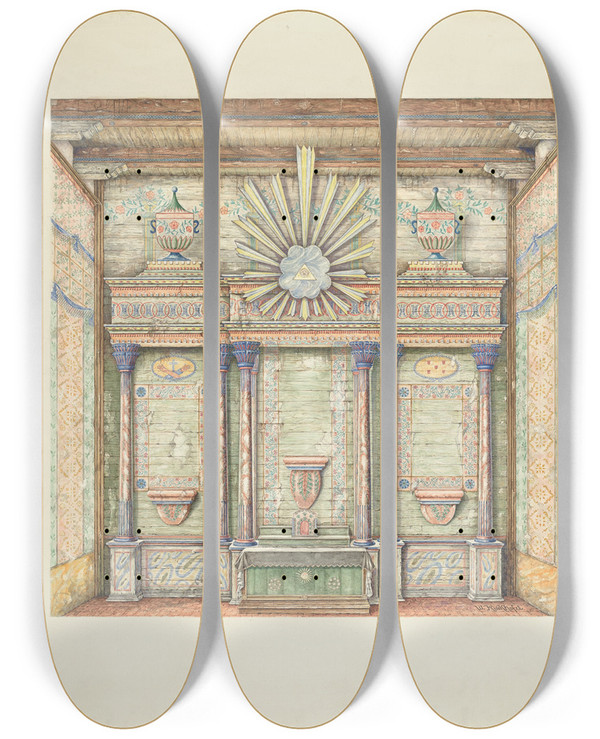 Triptych art skateboard deck of William Kieckhofel Decorations On Reredos And Sanctuary Walls by William Kieckhofel (20-)